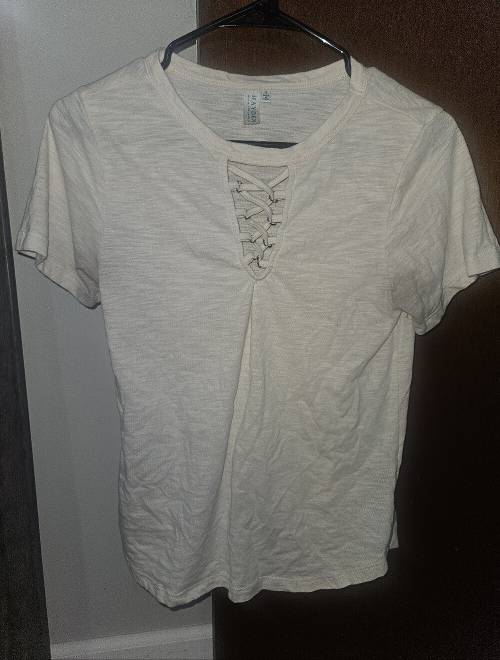Hayden Pastel Yellow Cotton Lace-Up Short Sleeve Tee Shirt Size Small